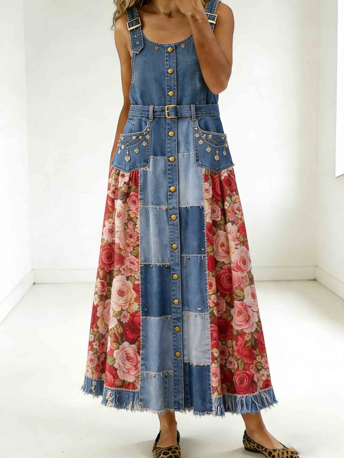 Women's Retro Floral Patchwork Denim Maxi Skirt