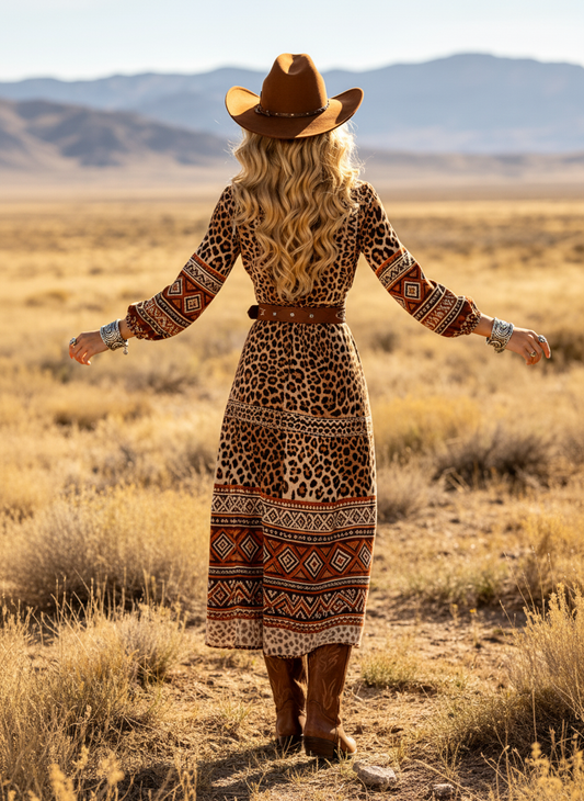 Women's Western Cowboy Boho Leopard Print Tribal Pattern V-Neck Long Sleeve Midi Dress