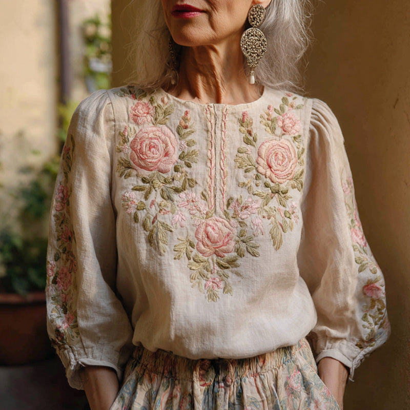 Women's Vintage Pink Floral Design Cotton And Linen Blend Shirt