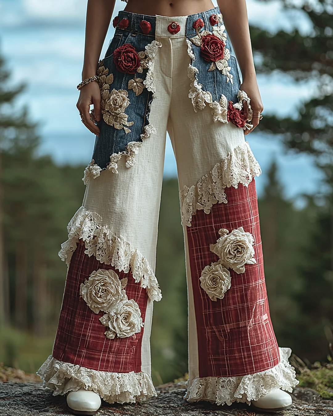 Women's Spring Floral Embroidered Plaid Patchwork Design Trousers 1871
