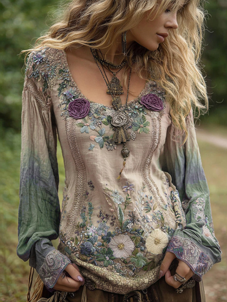 Classy Gradient Purple Lavender And Floral Embroidered Linen Long Sleeve Shirt d426