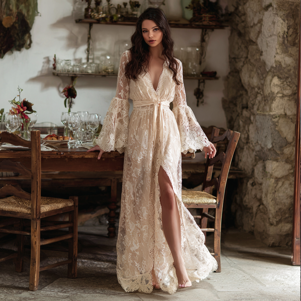 Lace Long Dress With Deep V-Neck And Bell Sleeves, Elegant Boho Maxi Gown For Women