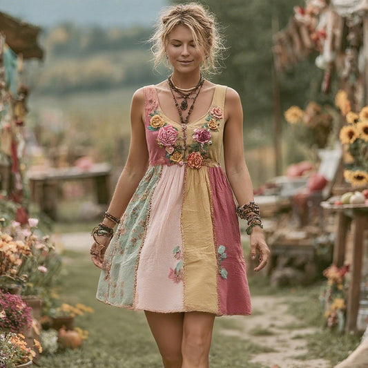 Women's Vintage Bohemian Floral Panel Sleeveless Dress