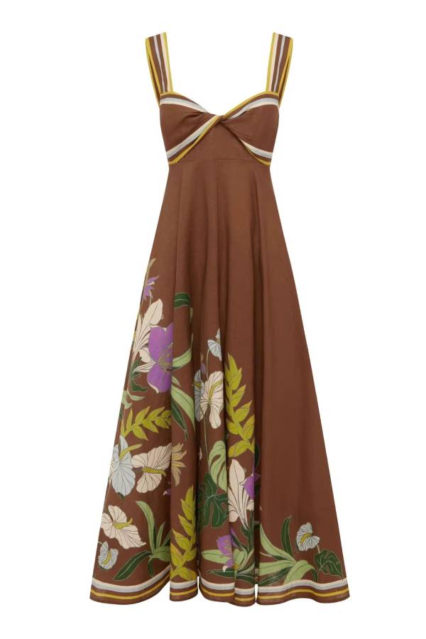 Caramel Tropical Floral Print Twist Wide Strap Flowy Maxi Dress