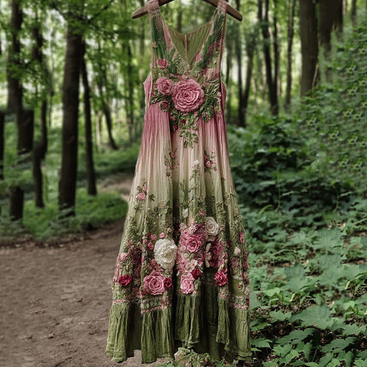 Vintage Classy Boho Gradient Pink Roses Embroidered Linen Maxi Dress 3fee