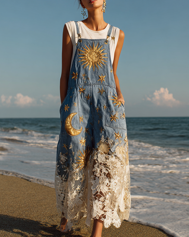 Summer Holiday Lace Handmade Star and Moon Embroidery Denim Skirt 67a4