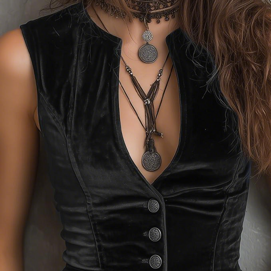 Velvet Sleeveless Vest Women's Fashion V-Neck Buttoned Corset Style Top