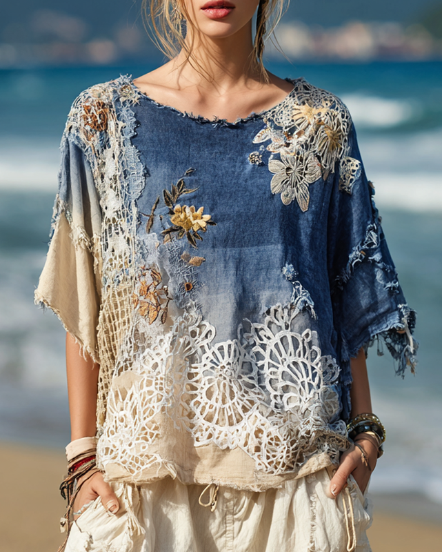 Summer Vacation Lace Handmade Floral Embroidery Top 56b6