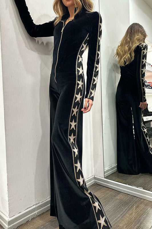Long-sleeved velvet jumpsuit with zipper