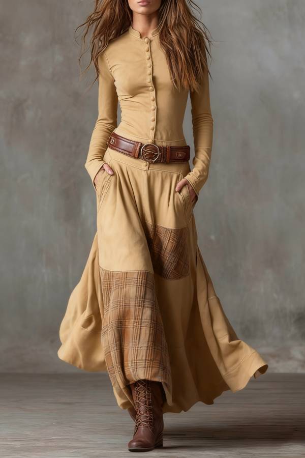 Navy Plaid Paneled Vintage Suede Maxi Dress