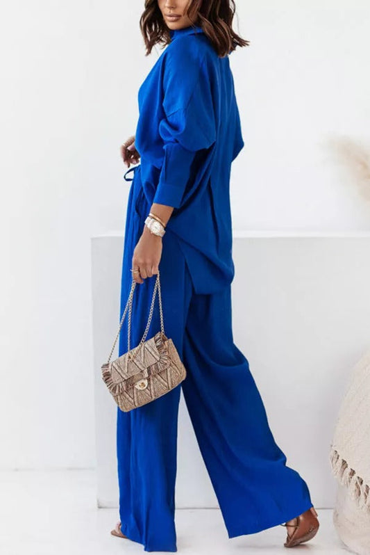 Michelle Cotton Blend Loose Solid Color Shirt Pants Suit