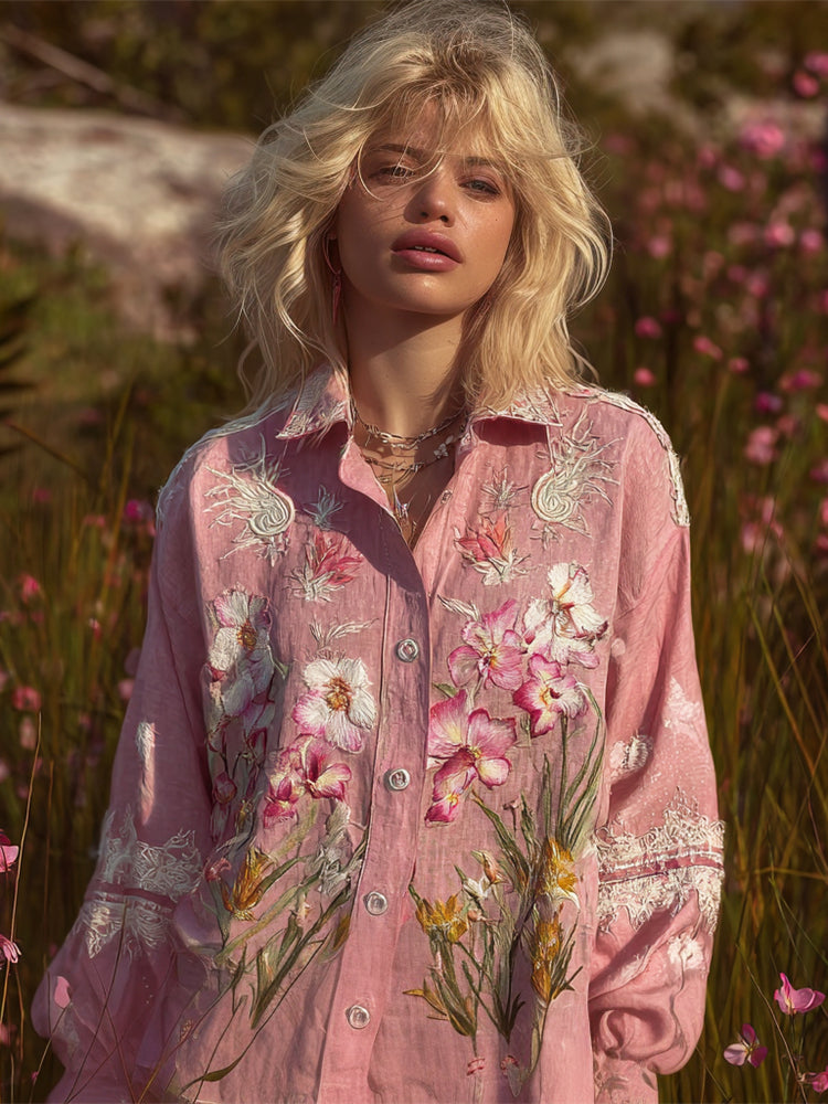 Boho Butterfly Orchid Floral Embroidery Vintage Women's Linen Shirt