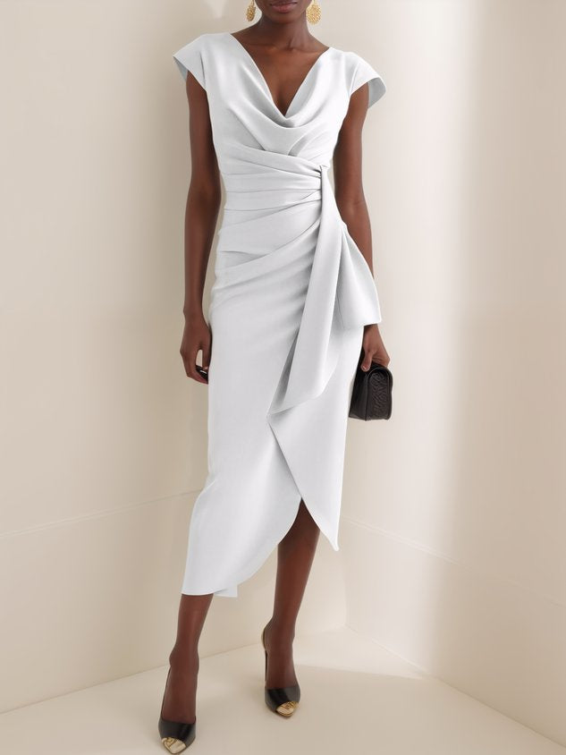 Green Cowl Neck Ruched Cap Sleeve Sheath Midi Dress