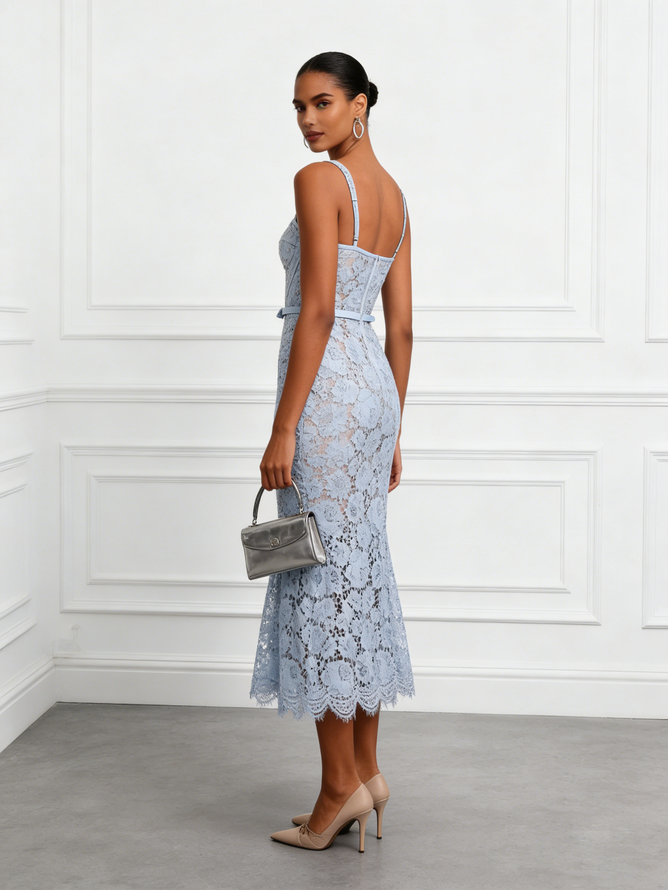 Light Blue Lace Sweetheart Neckline Sleeveless Mermaid Midi Dress