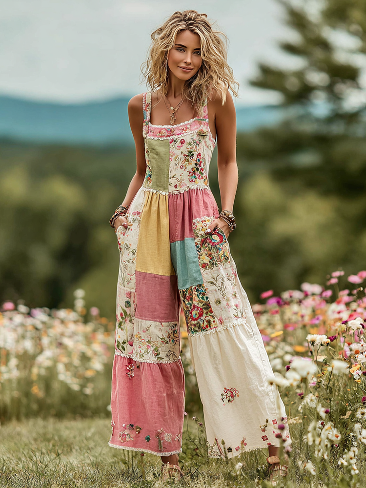 Women's Vintage Floral Art Patch Comfy Jumpsuit 972e