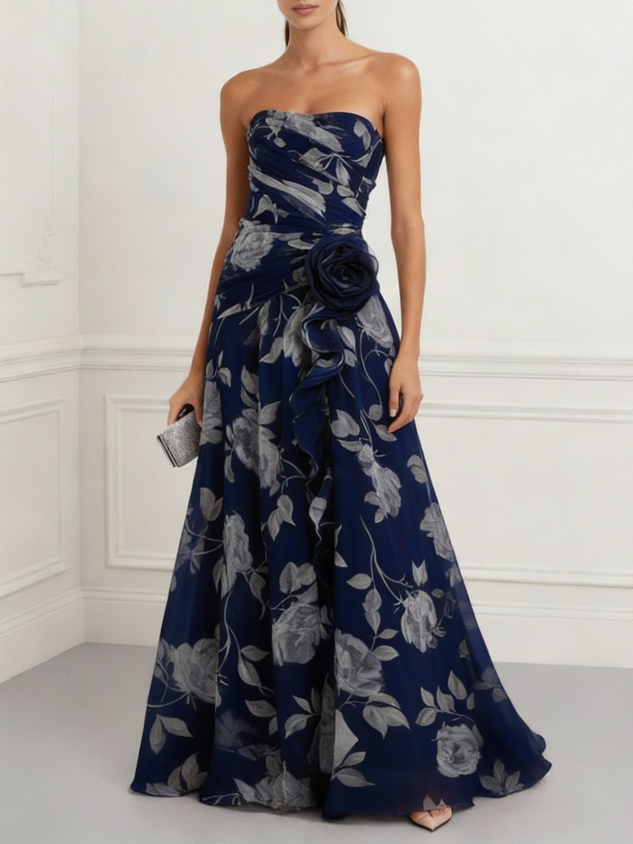 Pink Floral 3D Floral Tulle Strapless Sleeveless A-Line Floor-length Gown Dress