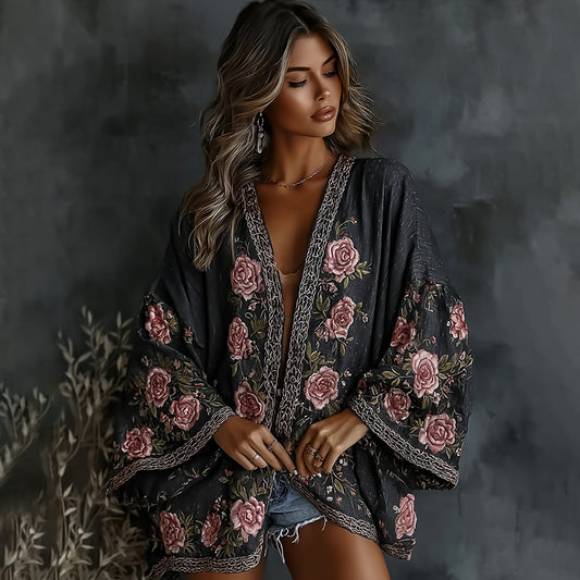 Women's Vintage Spring Floral Roses Embroidered Art Print Flowy Linen Blend Kimono