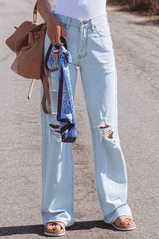 High Waist Denim Pants with Holes Washed
