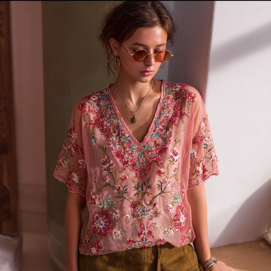 Bohemian Style Plant Flower Pattern Sequins Decorated Women's V-neck Top