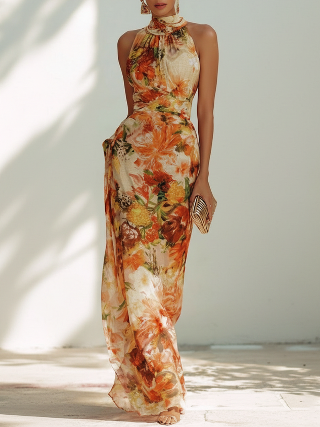 Red Floral Chiffon Halter Sleeveless Maxi Dress