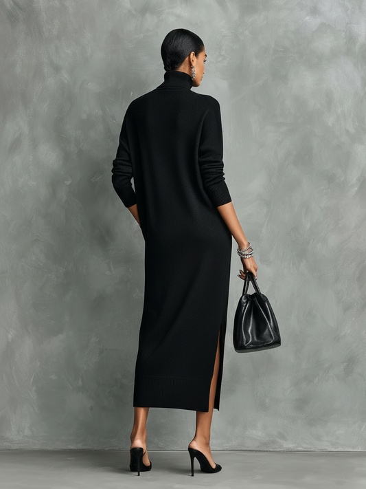 Women's Elegant Black Knitted Turtleneck Long-sleeved Loose-fitting Midi Dress With No Pockets MDA1974L7AN