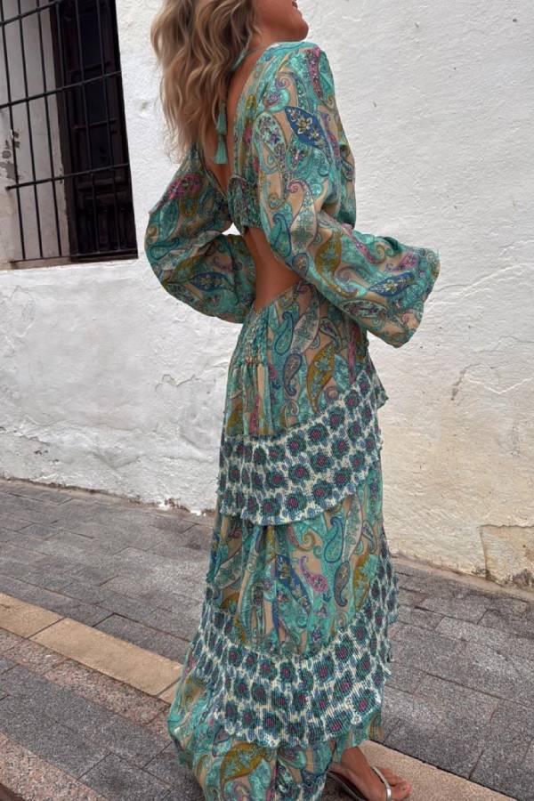 MONTANO ring dress, aqua green paisley