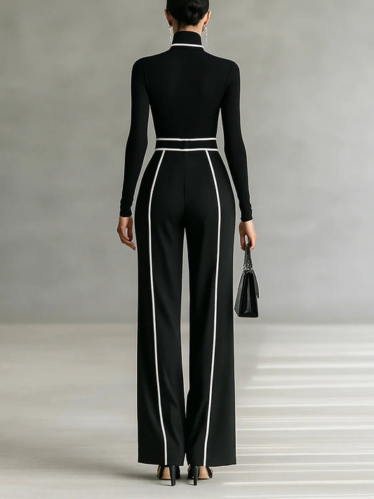 White Trim High-neck Long-sleeved Top With Wide-leg Pants and Belt Set