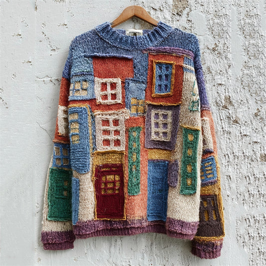 Vintage Street Building Inspired Colorblock Cozy Knit Sweater