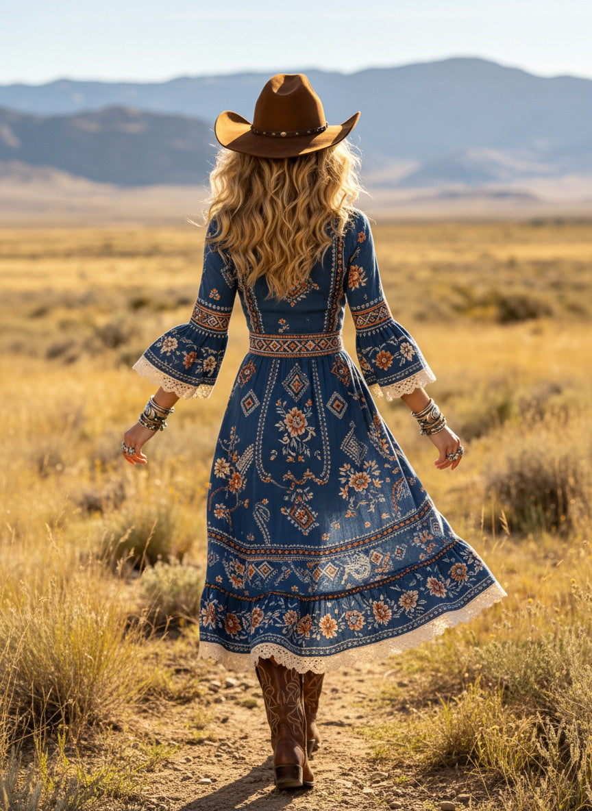 Women's Western Cowboy Cotton Boho Floral Print Midi Dress With Lace Trim And Bell Sleeves