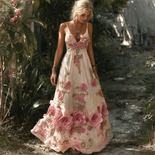 Resort Style Boho Floral Embroidery Women's Linen Spaghetti Strap Maxi Dress