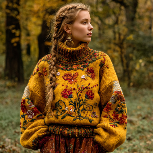 Women's Autumn And Winter Meillard Style And Bohemian Style Plant Flower Embroidery High Neck Thick Sweater