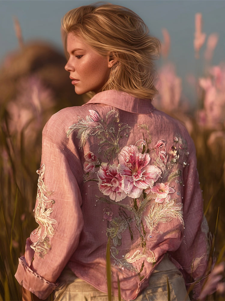 Boho Floral Embroidery Vintage Women's Linen Shirt