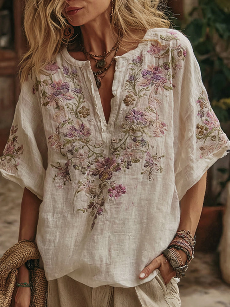 Women's Floral Embroidery Art V Neck Comfy Shirt 3dfb
