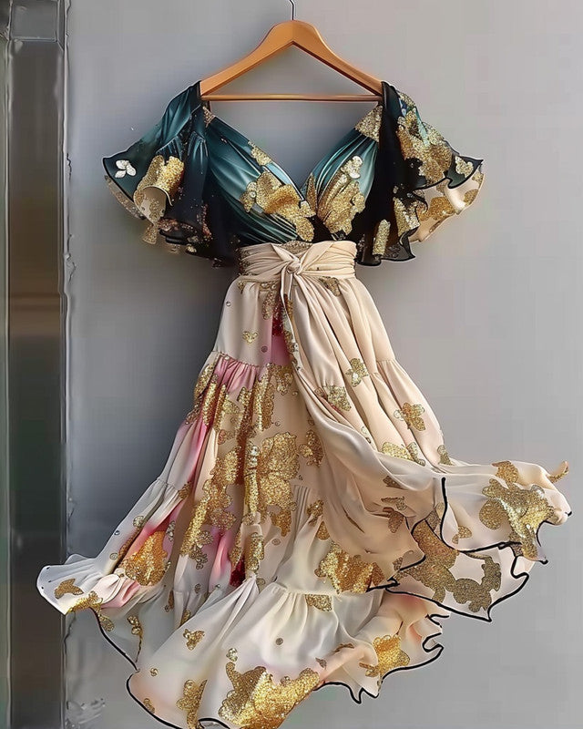 Summer vacation handmade gilded chiffon dress 0542