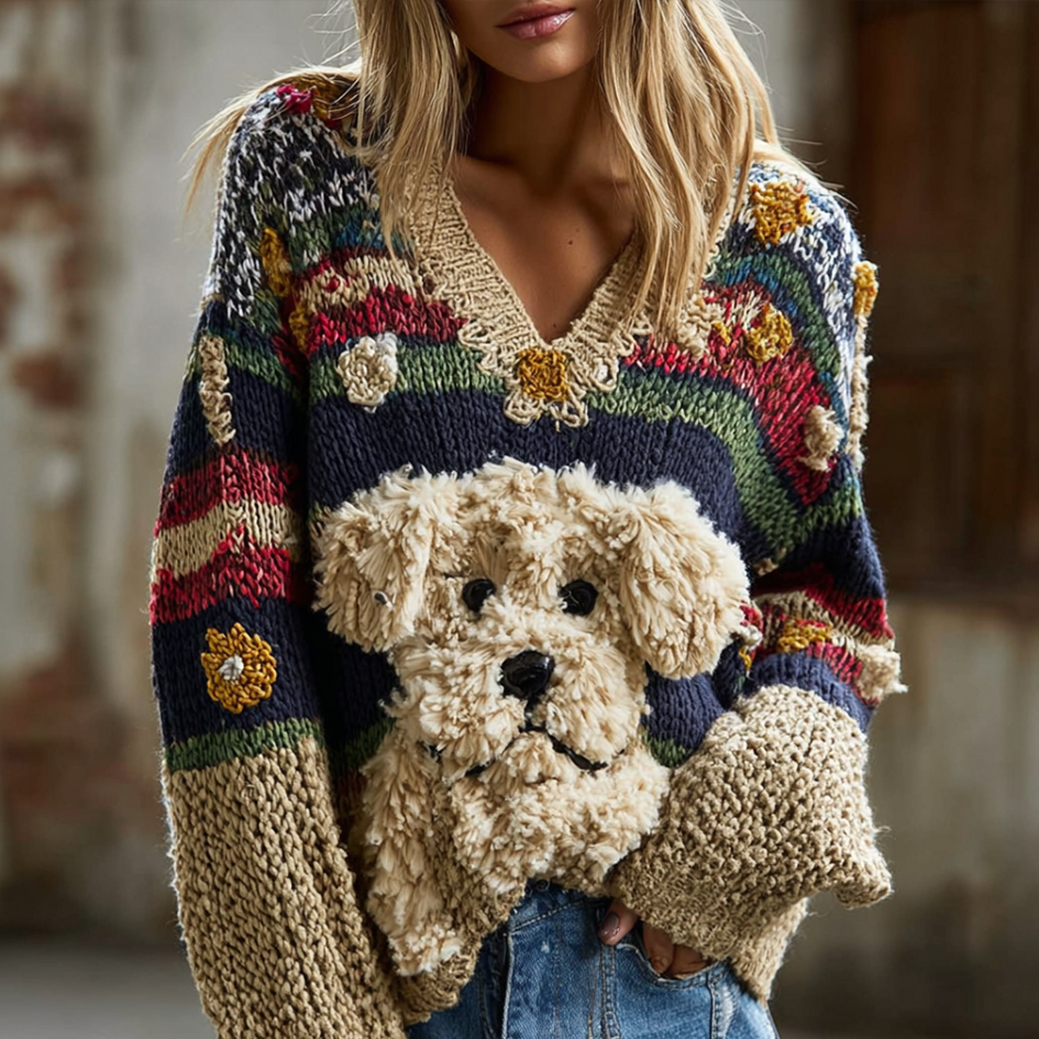 Women's Colorful Striped Plush Dog Pattern Embroidered V-neck Knit Sweater