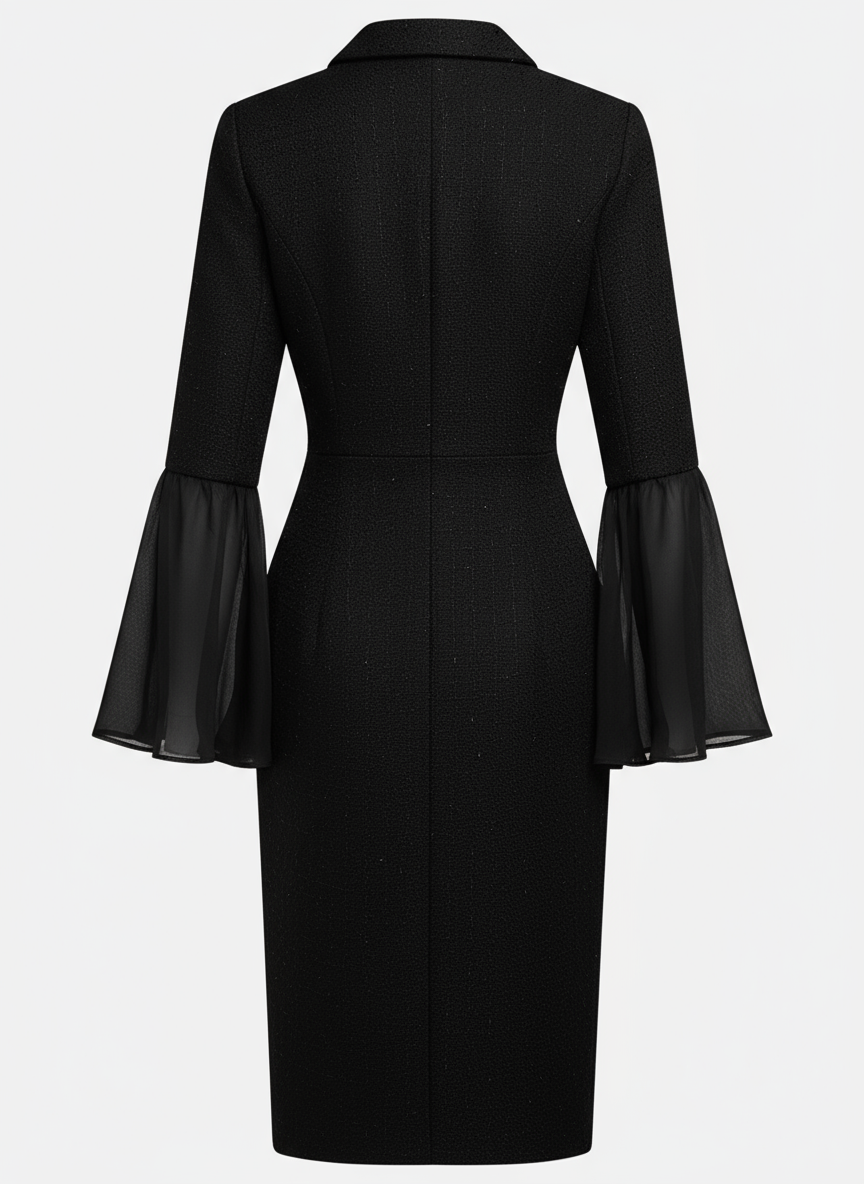 Black Buckle Mesh Tweed Lapel Collar Long Sleeve Bell Sleeve Sheath Midi Dress
