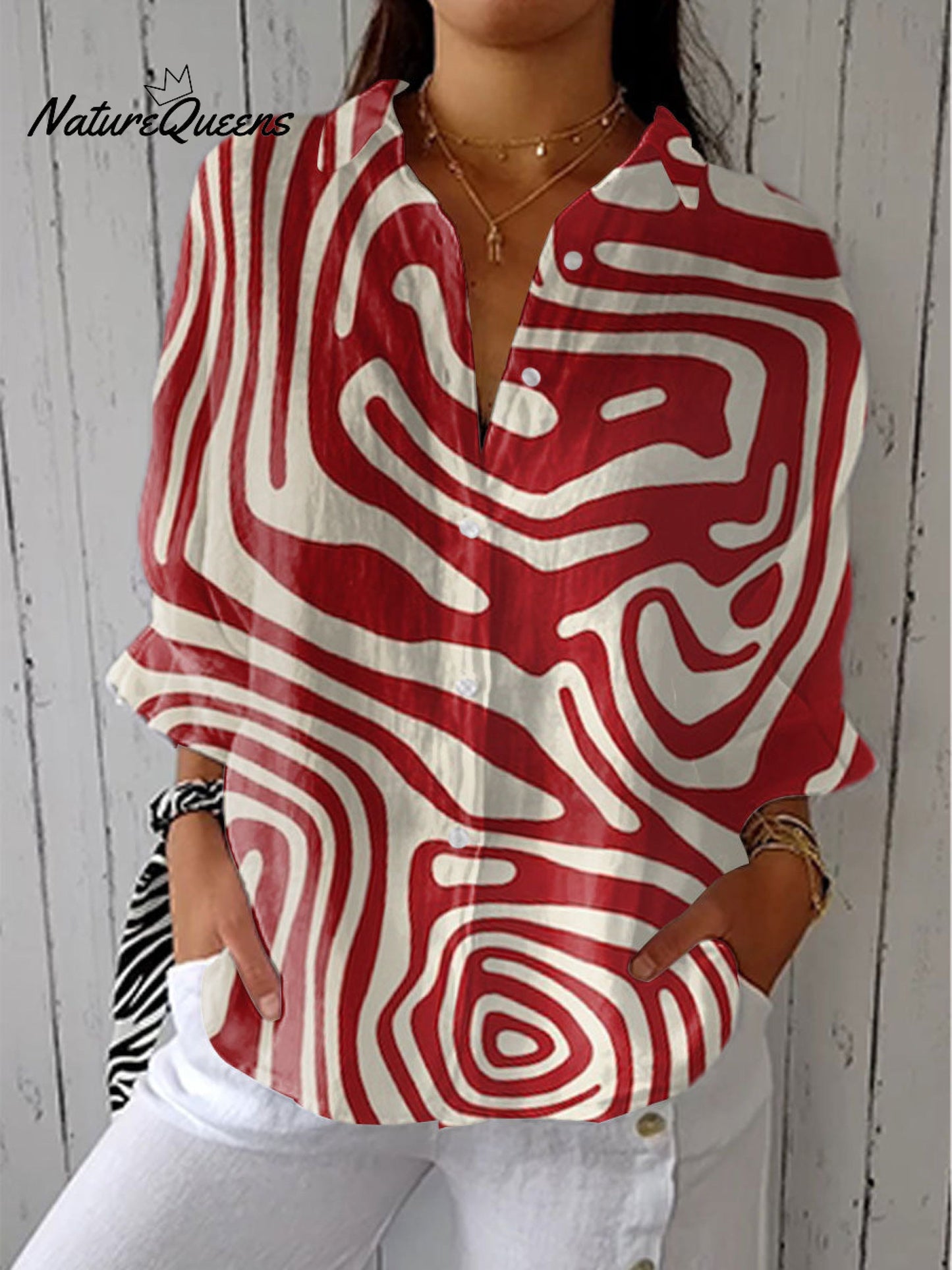 Women's Vintage Abstract Geometric Art Print Casual Linen V-neck Shirt