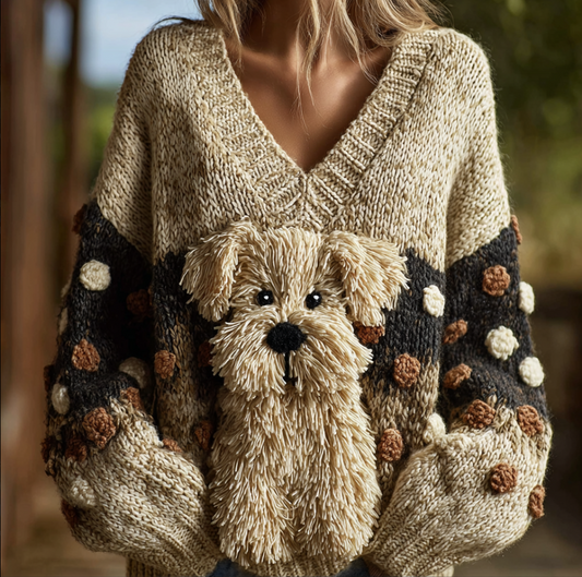Lady Retro Cute Dog Plush Comfortable Knitted Sweater.