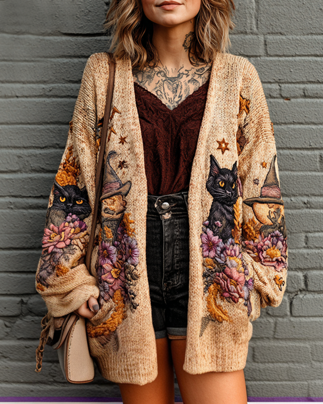 Women's Halloween themed black cat embroidered knitted cardigan bfd9