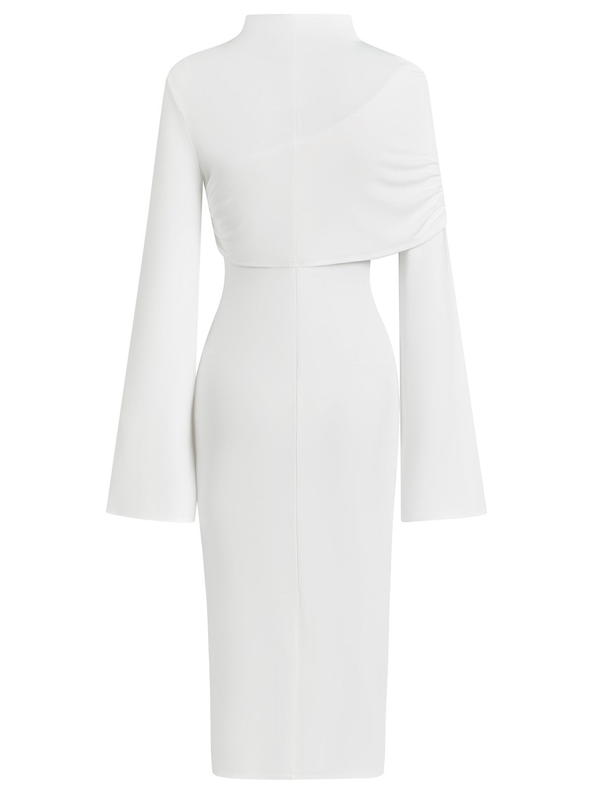 White Slit Chiffon Mock Neck Long Sleeve Bodycon One-shoulder Midi Dress with Matching Shrug