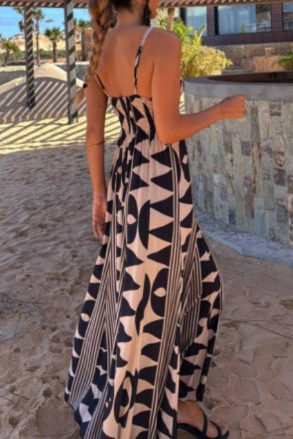 Geometric Print Deep V-Neck Strappy Maxi Dress
