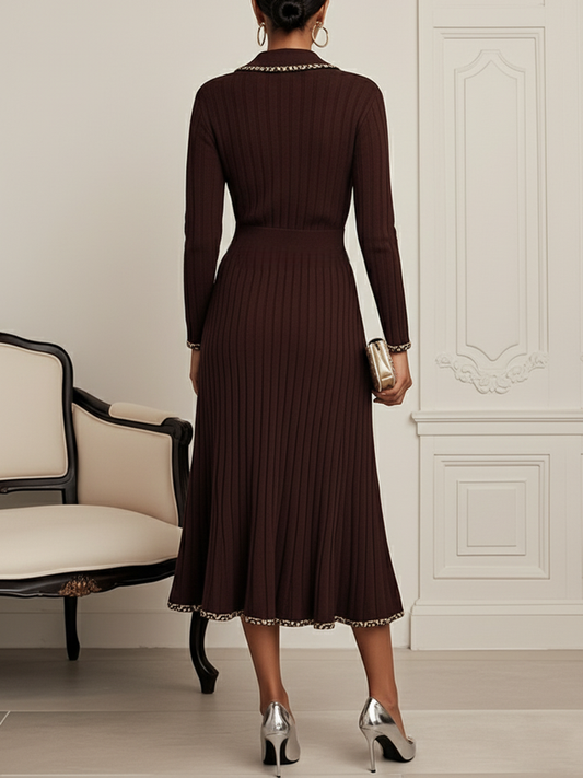 Red Brown Piping Buckle Sweater Lapel Collar Long Sleeve A-Line Midi Dress