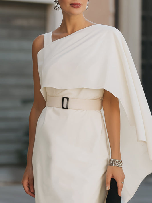 Asymmetric Cape-Style One-Shoulder Belted Midi Dress
