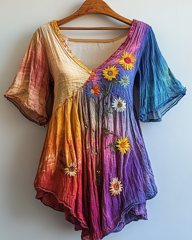 Summer Rainbow Gradient Daisy Embroidered T-shirt defa