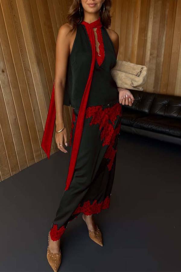 Black and Red Color-Blocked Halter Neck Top + Lace-Trimmed High-Waisted Skirt Set