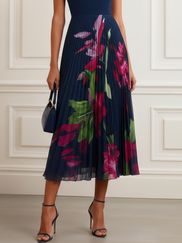 Navy Blue Pleated Floral Chiffon V Neck Cap Sleeve A-Line Midi Dress