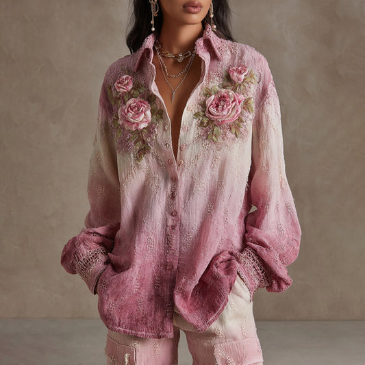 Women's Rose Embroidery Art Gradient Comfy Shirt