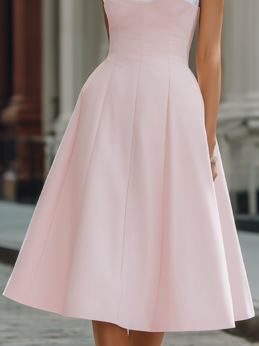 Structured Shirt-Collar Contrast Panel A-Line Midi Dress