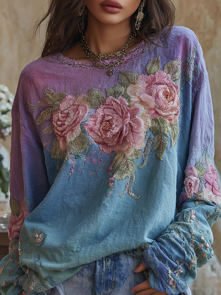Women's Retro Bohemian Style Floral Embroidered Linen Crew Neck T-shirt