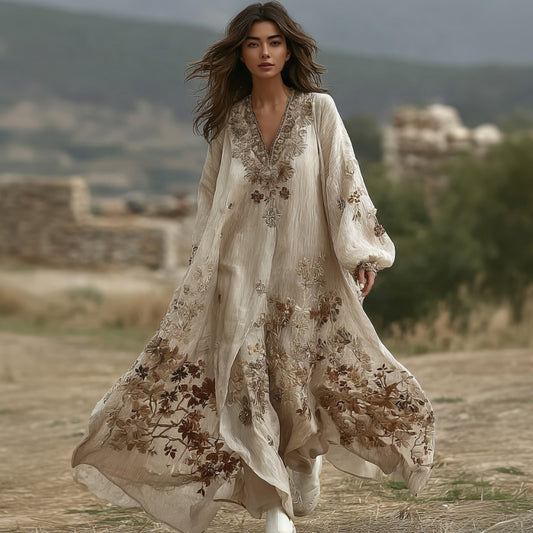 Women's Floral Embroidered Linen Long-sleeved Dress